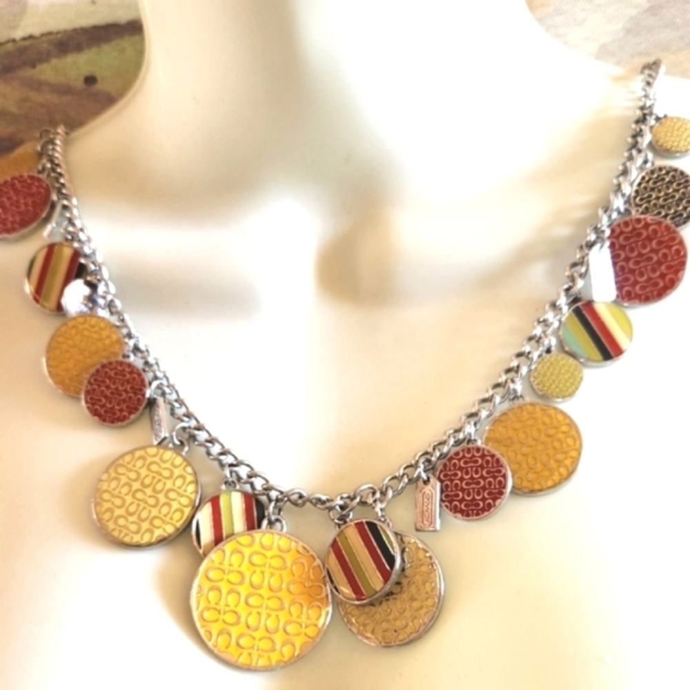 COACH Rare HTF Chunky Silver Metal Logo Yellow GOLD Charm CC Toggle Necklace